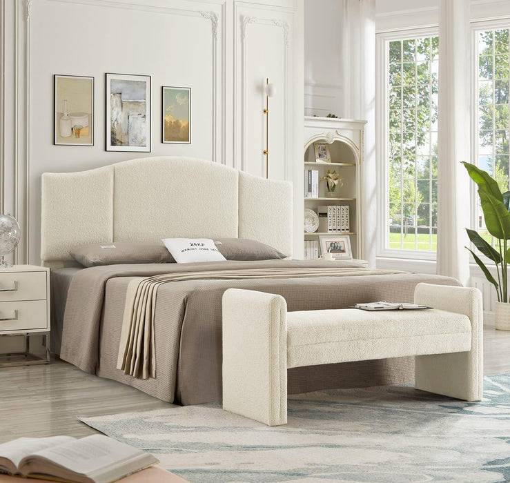 Modern Upholstered Bed Bench Covered with Soft Boucle Teddy Fabric, Lovely Entryway Bench Ottoman with Armrest,5062-Cream