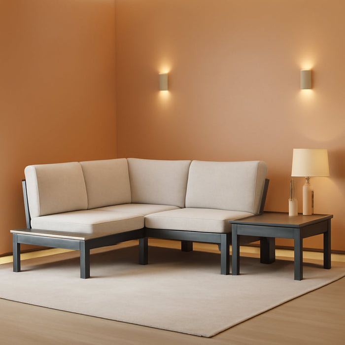 HDPE Outdoor Furniture Set, 4 Seats Outdoor Sectional with Coffee Table, All-Weather Patio Sofa Set, Patio Conversation Sets with Adjustable Backrest Sofa for Garden, Backyard, Grey with Beige