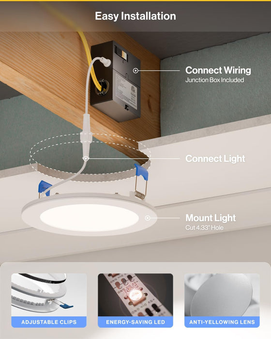 Sunco 24 Pack 6 Inch Ultra Thin LED Recessed Ceiling Lights with Night Light, 1500 LM, Selectable CCT 2700K/3000K/4000K/5000K/6000K, Dimmable, 15W, Canless with Junction Box