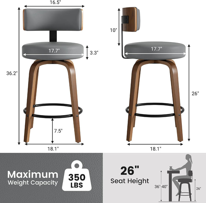 Swivel Bar Stools Set of 4, 26" Upholstered Faux Leather Counter Height Bar Stools with Back and Bentwood Legs, Mid Century Modern Bar Chairs Island Stools for Kitchen Counter, Dark Grey