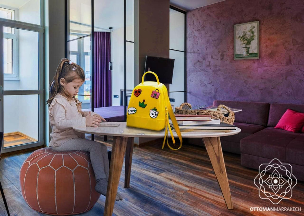 Unstuffed Genuine round Leather Pouf | Moroccan Ottoman Footstool, Footrest Cover | Super Soft Handmade Ottoman Faux Comes in 20" D X 20" W X 14" H