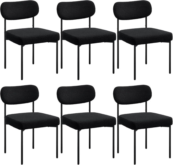 Dining Chairs Set of 6 Boucle Upholstered Kitchen Chairs with Curved Backrest Modern Dinner Chair with Metal Legs for Dining Room Living Room Vanity Black