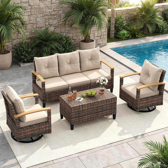 Patio Furniture Set, 4 Pieces Outdoor Patio Conversation Sets with Swivel Chairs, Wicker Patio Furniture Set with Storage Table, Outdoor Couch Set for Balcony, Porch, Deck, Backyard, Beige