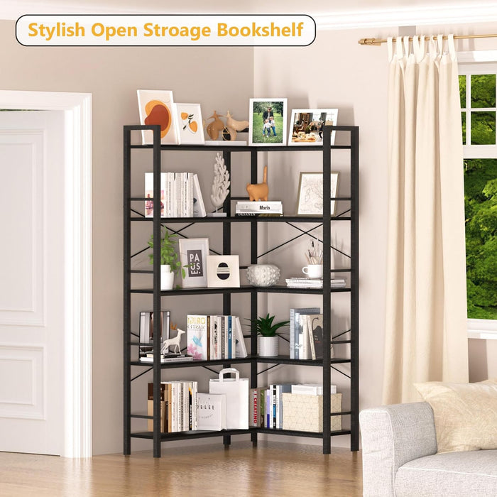 5-Shelf Corner Bookshelf, 68.5" L-Shaped Open Bookcase, Black