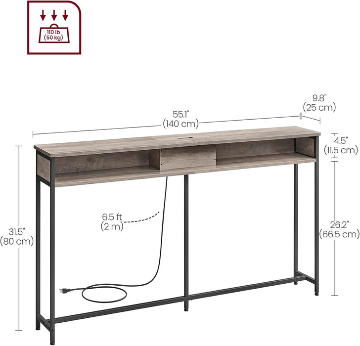 55.1-Inch Console Table with Outlet and Shelves, Sofa Table with Charging Station, behind Couch Table Skinny, Entryway Table for Hallway, Living Room, Heather Greige and Ink Black ULNT120K02