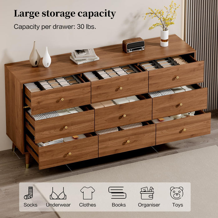 9 Drawer Dresser,63" Wide Mid Century Modern Chest of Drawers,Wooden Bedroom Drawer Dresser with 9 Storage Drawers for Bedroom, Living Room,With Anti-Tipping Device,Tan