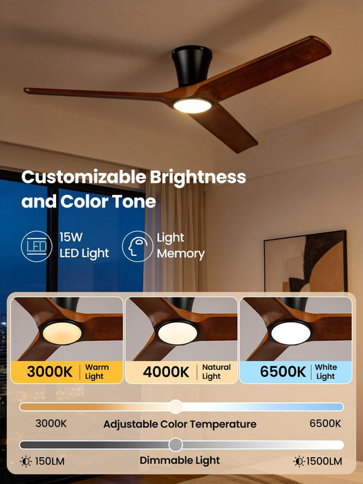 52 Inch Solid Walnut Wooden Ceiling Fan With Remote