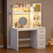 40” Home Office Desk with Hutch and Drawers, Computer Desk with Power Outlets and LED Light, Study Writing Gaming Table with Storage Shelves, Workstation for Bedroom, White