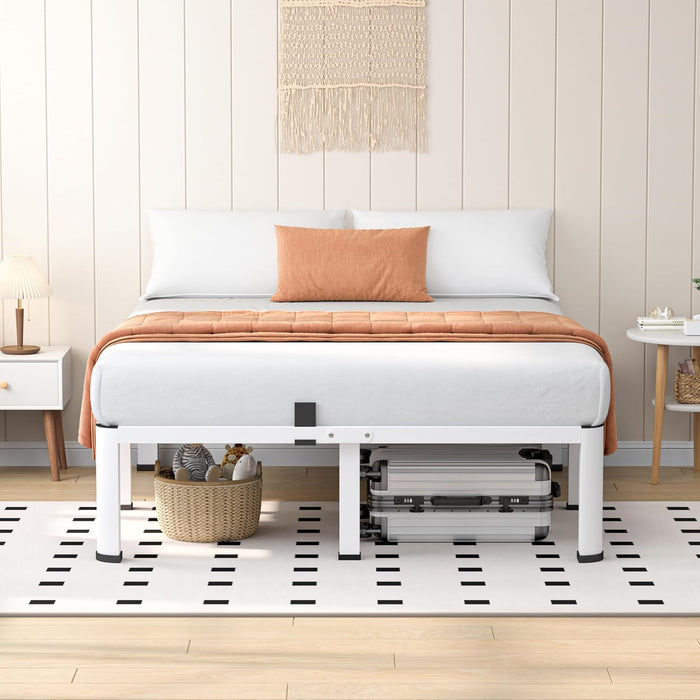 14 Inch White Full Heavy Duty 3500Lbs Bed Frame with Round-Corner