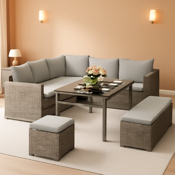 L-Shaped Outdoor Sectional Sofa Set with Adjustable Lift-Top Dining Table, All-Weather Wicker Patio Furniture, Ottoman & Tempered Glass Top, Gray Gradient