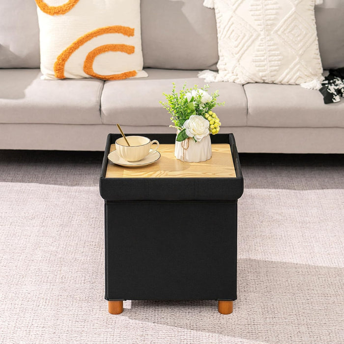 Storage Ottoman with Tray, Foot Stools and Ottomans with Legs, Storage Cube Seat Linen Black 15"