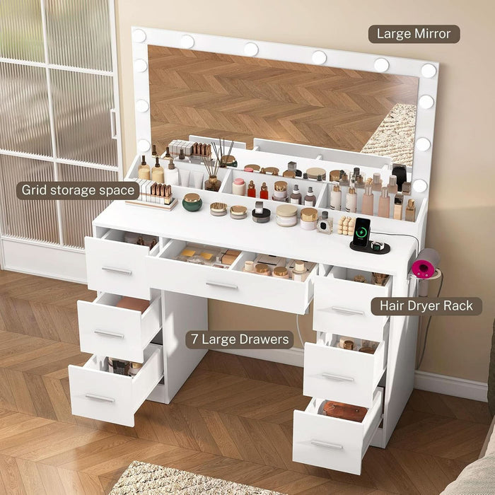 Vanity with Large Mirror and 12 LED Lights, Vanity Desk with 7 Drawers & Hairdryer Holder, Makeup Vanity Desk with Charging Station for Women, Girls, 3 Lighting Color Adjustable, White