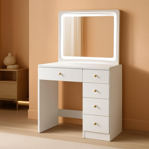 Makeup Vanity with Large Lighted Mirror, Vanity Desk with 5 Drawers Vanity Set with Power Outlet 3 Color Lighting Modes Dressing Table for Women Girls (White)