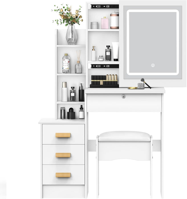 White Vanity Desk With Mirror Lights StorageDrawers