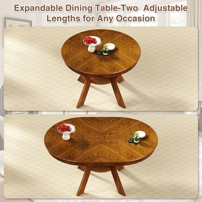 43.7In-59In Solid Wood Frame round Extendable Dining Table for 4-8, Modern Kitchen Oval Dining Table with Wooden Pedestal Base, Unique Wood Grain with Storage Shelf for Kitchen Living Room