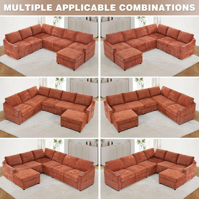 116Inch Orange ChenilleFabric Modular Sleeper Sofa USB