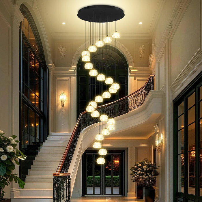 25 Light Black Modern Glam Crystal Ball Chandelier for High Ceiling Staircase Foyer Enterway Living Room Long Crystal Chandelier Lighting