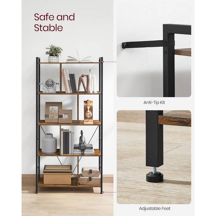 Bookshelf, 5-Tier Bookcase, Storage Shelving Unit, Display Shelf with Open Compartments for Living Room, Home Office, Bedroom, Industrial, Rustic Brown and Black ULBC121B01