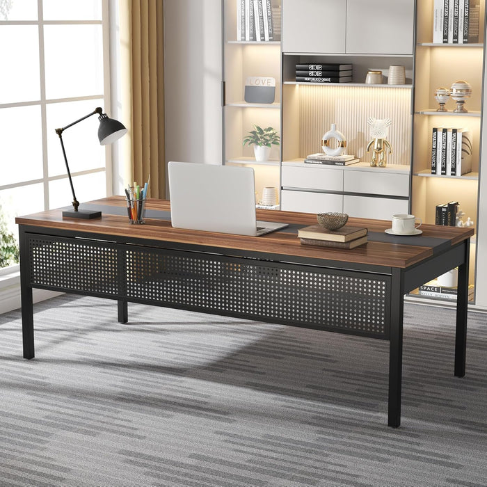 70.8" Large Executive Office Desk and 47" Lateral File Cabinet Combo, L-Shaped Computer Desk 2 Piece Business Furniture with Drawers and Shelves, Home Office Workstation, Walnut