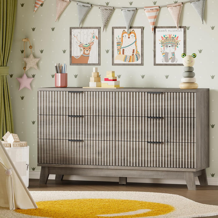 53" Long Dresser for Bedroom, 6-Drawer Dresser with Fluted Fronts, Wide Wood Chest of Drawers, Smooth Metal Slides, Stable Base, Modern Clothes Storage Cabinet for Living Room, Hallway