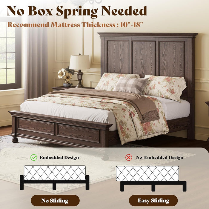Solid Wood King Bed Frame with 65.2" High Headboard, Traditional Platform Bed with Heavy Duty Slats, No Box Spring Needed, Easy Assembly, Dark Brown