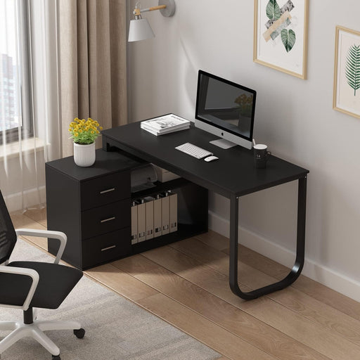 55Inch L Shaped Computer Desk Black StorageCabinet