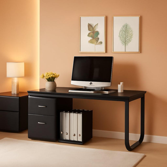 55Inch L Shaped Computer Desk Black StorageCabinet