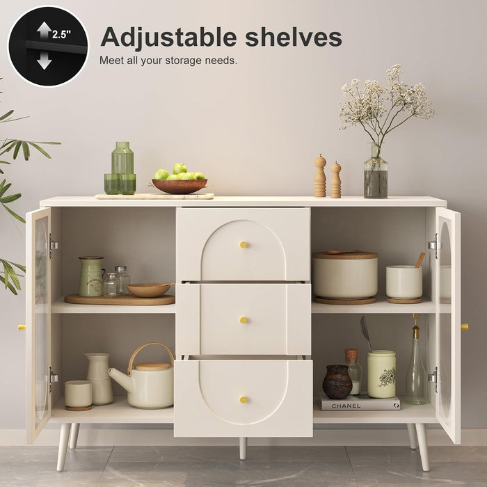 Farmhouse Buffet Cabinet with Storage and 3 Drawers, Mid-Century Modern Fluted Glass 2-Door Sideboard Cabinet, Elegant Credenza Storage Solution for Dining Room or Living Area 47.2 Inch White