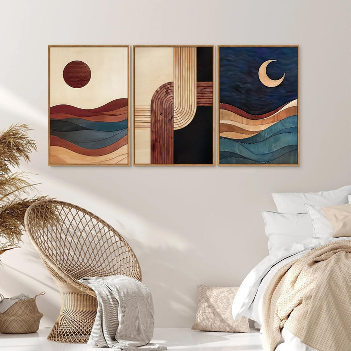 Boho Mid Century Modern Framed Canvas Wall Art, Bohemian Geometric Wall Decor, Abstract Sun and Moon Artwork,Beige and Black Wooden Art Paintings for Living Room Bedroom Office 16"X24"X3
