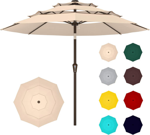 9FT 3-Tier Large Outdoor Patio Umbrella Market Table Umbrella-Uv Resistant,Easy Push Button Tilt and Crank,8 Sturdy Fiberglass Ribs Heavy-Duty Pool Umbrella for Deck,Backyard,Garden,Yard,Beige