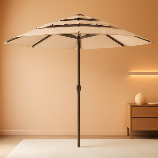9FT 3-Tier Large Outdoor Patio Umbrella Market Table Umbrella-Uv Resistant,Easy Push Button Tilt and Crank,8 Sturdy Fiberglass Ribs Heavy-Duty Pool Umbrella for Deck,Backyard,Garden,Yard,Beige