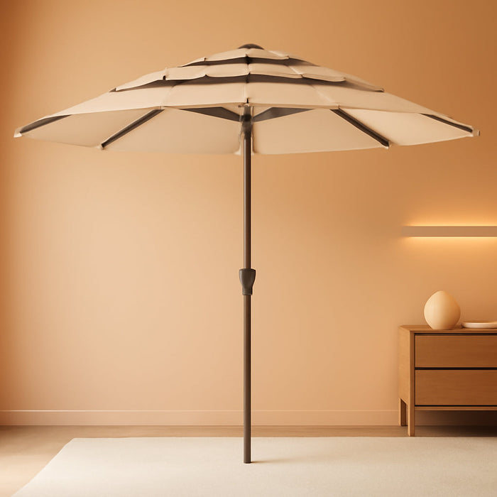 9FT 3-Tier Large Outdoor Patio Umbrella Market Table Umbrella-Uv Resistant,Easy Push Button Tilt and Crank,8 Sturdy Fiberglass Ribs Heavy-Duty Pool Umbrella for Deck,Backyard,Garden,Yard,Beige