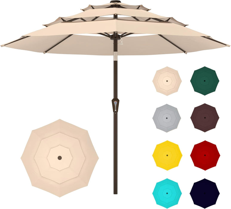 9FT 3-Tier Large Outdoor Patio Umbrella Market Table Umbrella-Uv Resistant,Easy Push Button Tilt and Crank,8 Sturdy Fiberglass Ribs Heavy-Duty Pool Umbrella for Deck,Backyard,Garden,Yard,Beige