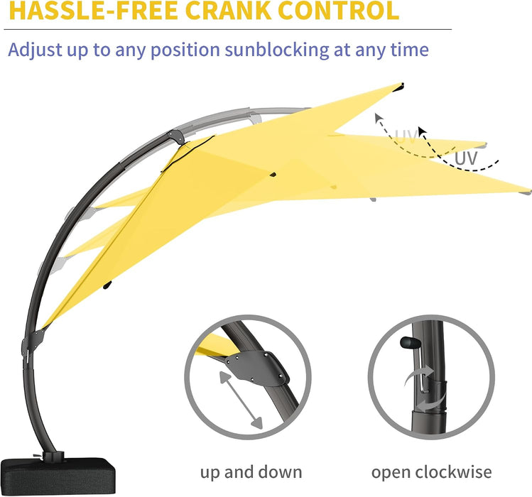 11Ft Offset Cantilever Patio Umbrella with Base Included, Large round Aluminum Outdoor Umbrella, 360° Rotation & Infinite Tilt, Heavy Duty Frame for Deck Pool Backyard, Yellow