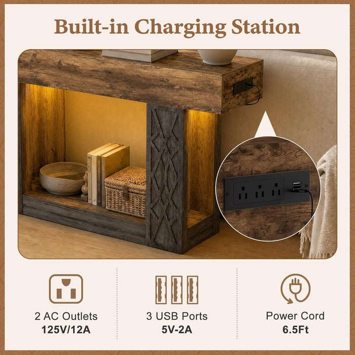 47" Console Table with Outlets & LED Lights, Farmhouse Entryway Table with Unique Geometric Pattern, Sofa Table behind Couch with 2-Tier Storage for Living Room, Hallway, Foyer, Grey & Brown