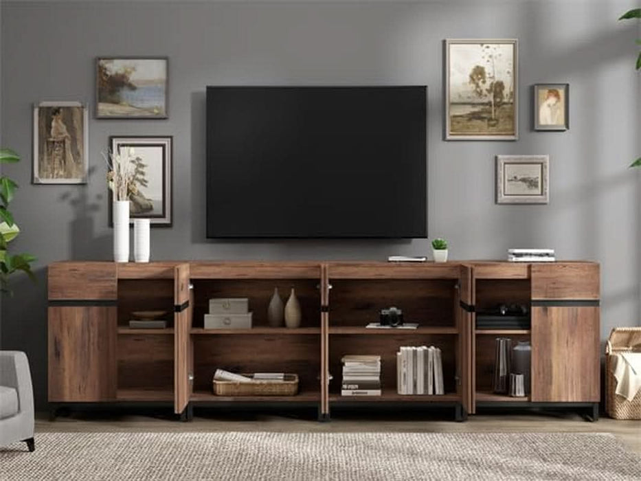 Modern TV Stand with 3 Tiers Bookshelf, Farmhouse Entertainment Center with 4 Large Storage Cabinets and Adjustable Shelf, Wooden Media TV Console with Black Metal Leg for Living Room, Brown