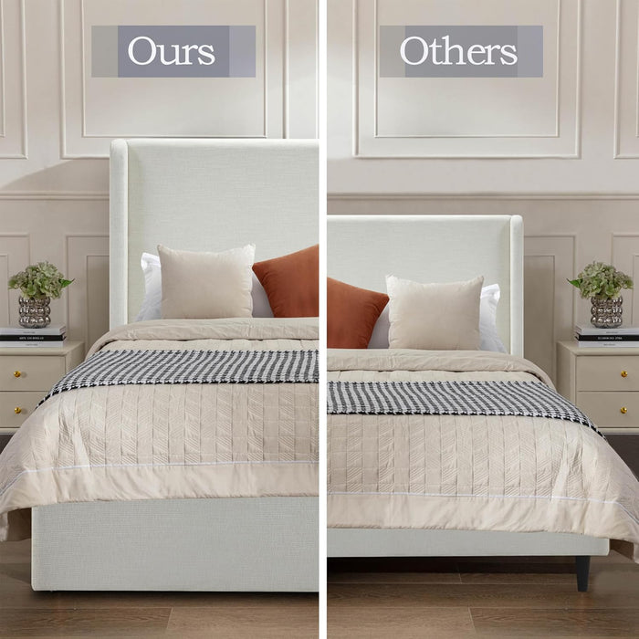 Queen Size Upholstered Wingback Bed with 54" Tall Headboard, Modern Minimalist Design Platform Bed, Textured Canvas Chenille, Easy Assembly, Sturdy Frame, Box Spring Required, Ivory