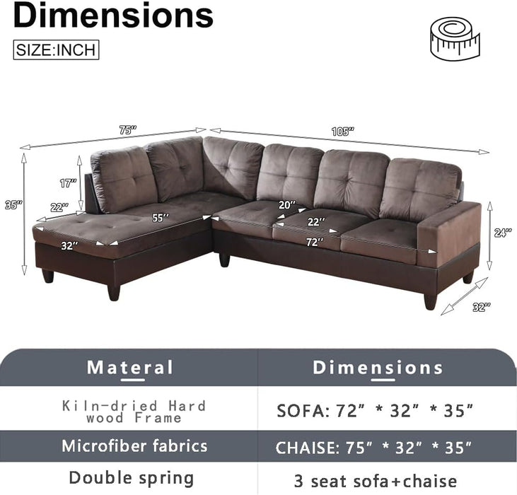 2 Pieces Sectional Sofa Sets, L-Shape Sofa Microfiber Couch Living Room Sofa Set with Chaise Using for Living Room Furniture(A-Brown, Left Hand Facing)