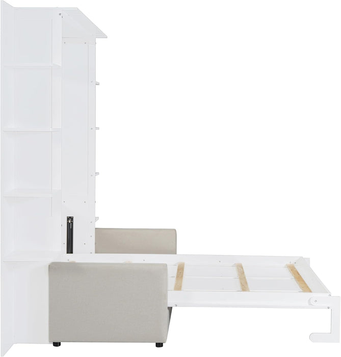 Queen Murphy Bed with Couch and Storage Shelves,Wood Fold up Murphy Bed Cabinet with Storage Shelves and Sofa,White