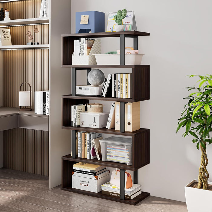 5-Tier Bookshelf Geometric Bookcase S Shaped Modern Book Shelf | Wood Decorative Storage Display Stand Shelves for Living Room, Home Office, Bedroom, Dinning Room