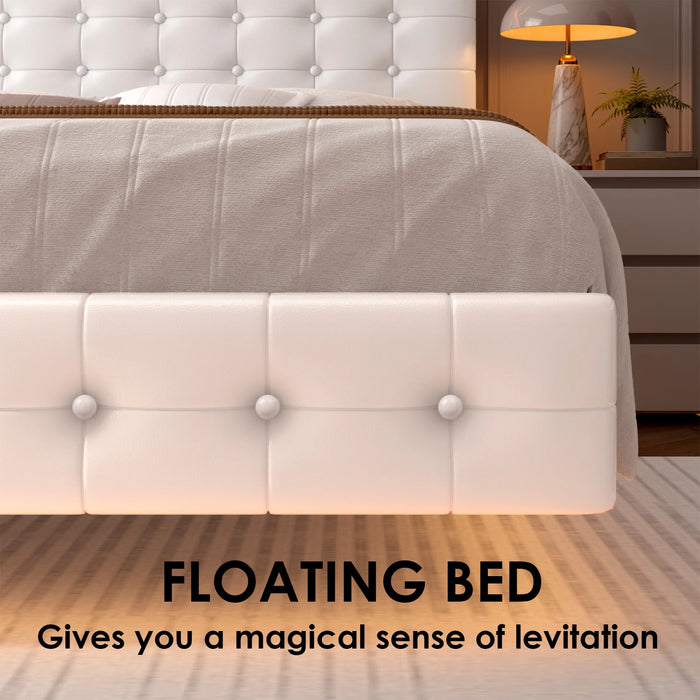 Queen Floating Bed with Lights, LED Platform Bed Frame with under Bed Storage, PU Leather Adjustable Tufted Upholstered Bed, White