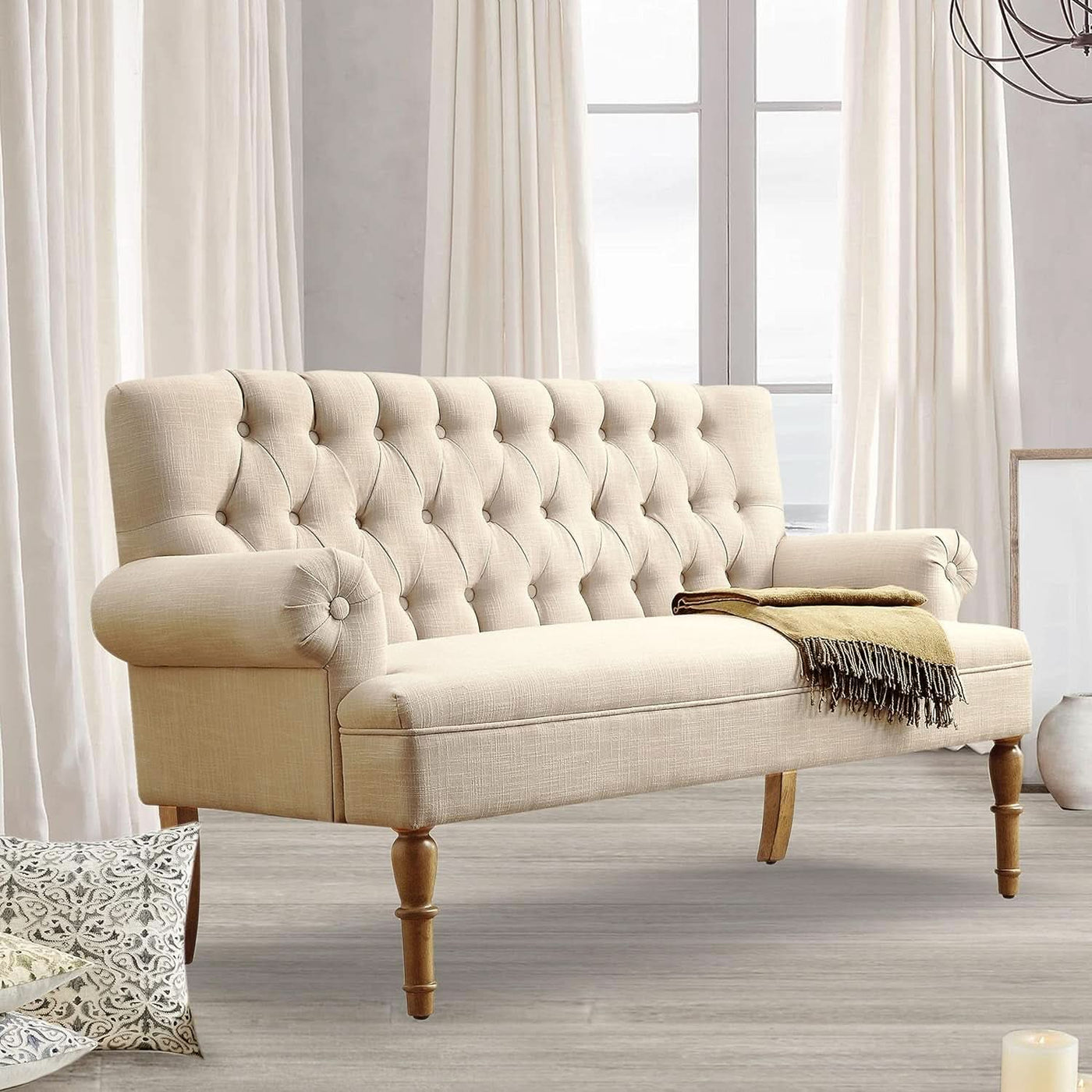 Beige Linen Loveseat Sofa With Sinuous Spring Support — ShipItFurniture