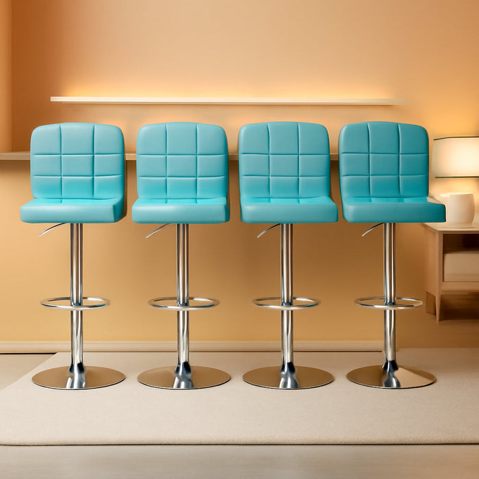 Set of 4 Adjustable Swivel Barstools, Modern PU Leather Kitchen Counter Bar Stools, Square Back Bar Stool (Blue)