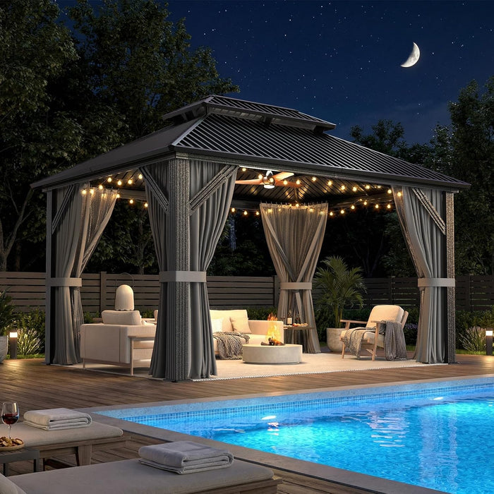 10'X12' Outdoor Gazebo Hardtop Grill Gazebo Aluminum Galvanized Steel Double Roof Outdoor Pergola Include Curtain and Netting for Backyard, Patio, Lawn