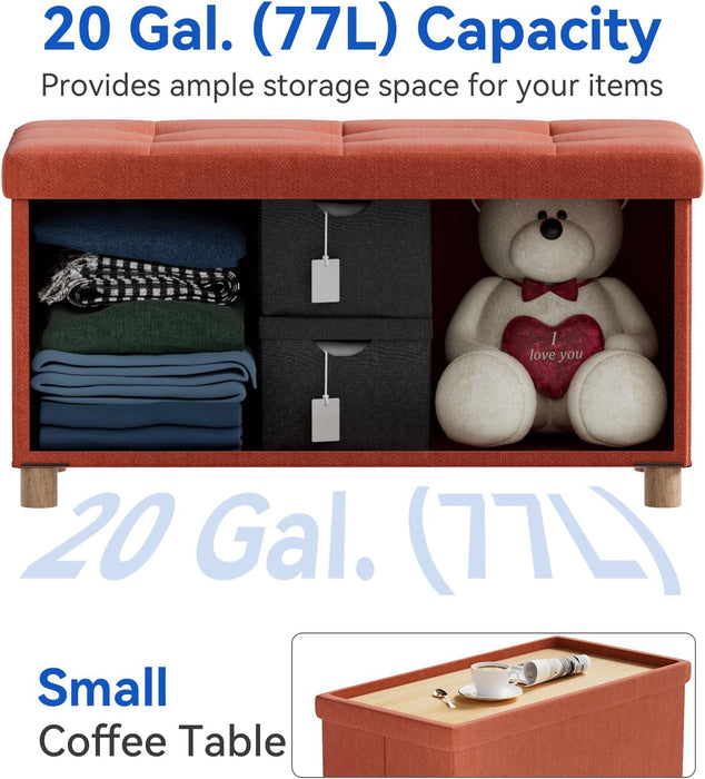 30 Inches Folding Storage Ottoman Bench, Ottoman with Storage Bench for Bedroom, Living Room, Entryway, Foot Rest with Legs, Orange