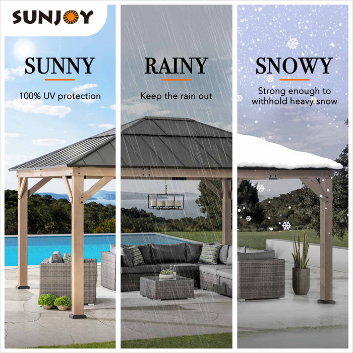 SUNJOY Hardtop Gazebo 13 X 15 Ft. Standard Cedar Framed Wood Gazebo, Outdoor Patio Gazebo with Dark Brown Steel and Polycarbonate Hip Roof and Ceiling Hook, Dark Brown Roof + Dark Wood Frame