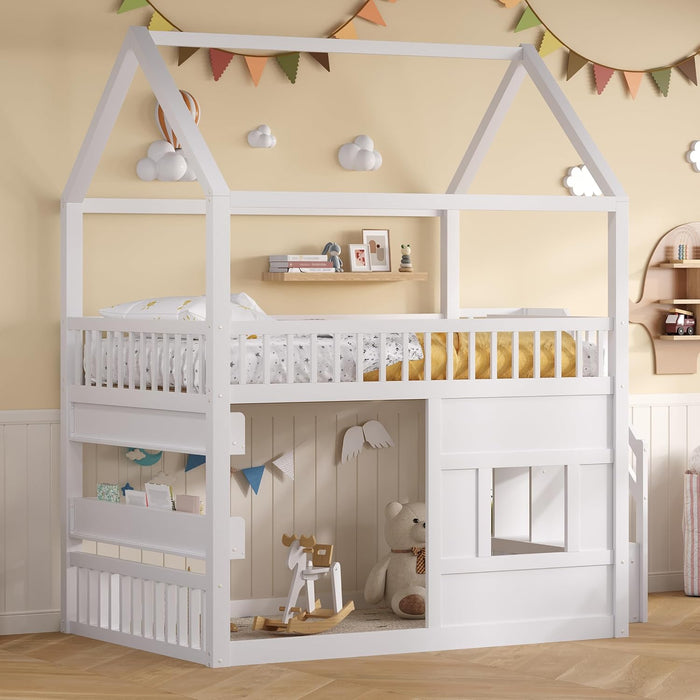 White FullSize House Loft Bed WithUnderbed Storage