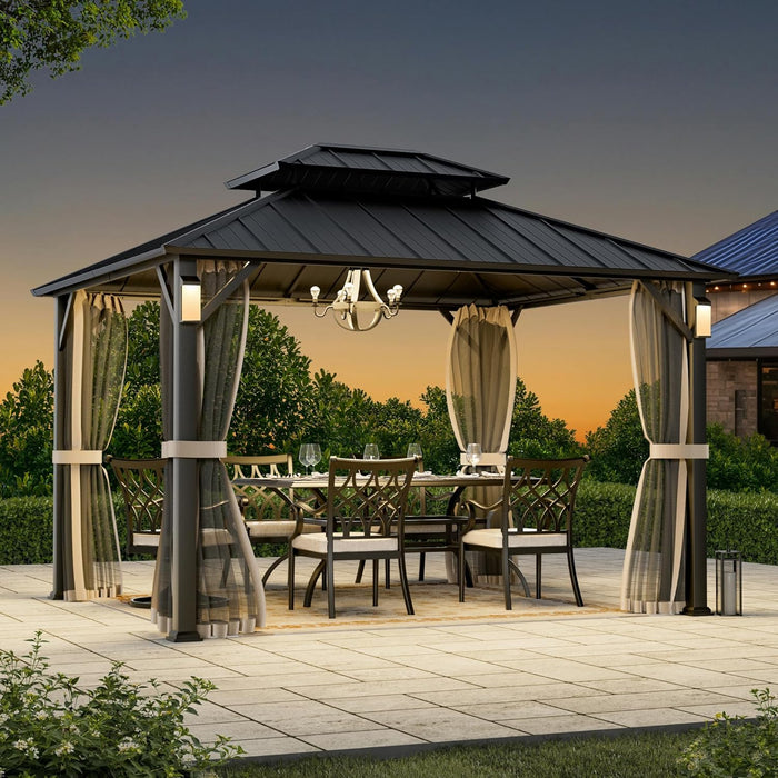 Modern Shade the Horizon Hardtop Gazebo 10' X 12' with 4 LED Lights, Permanent Outdoor Gazebo with Galvanized Steel Double Roof, Grill Pavilion with Decor Hooks, Mosquito Nettings, Black