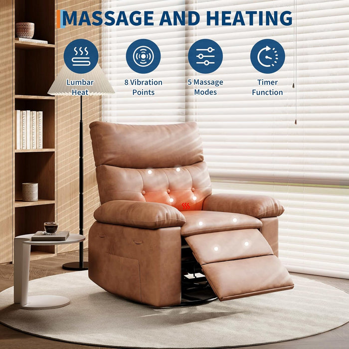 Leather Recliner Chair - Heat and Massage, Swivel Rocker Manual Recliner for Adults, Lazy Rocking Chair with Comfort Arms and Back Single Sofa for Living Room