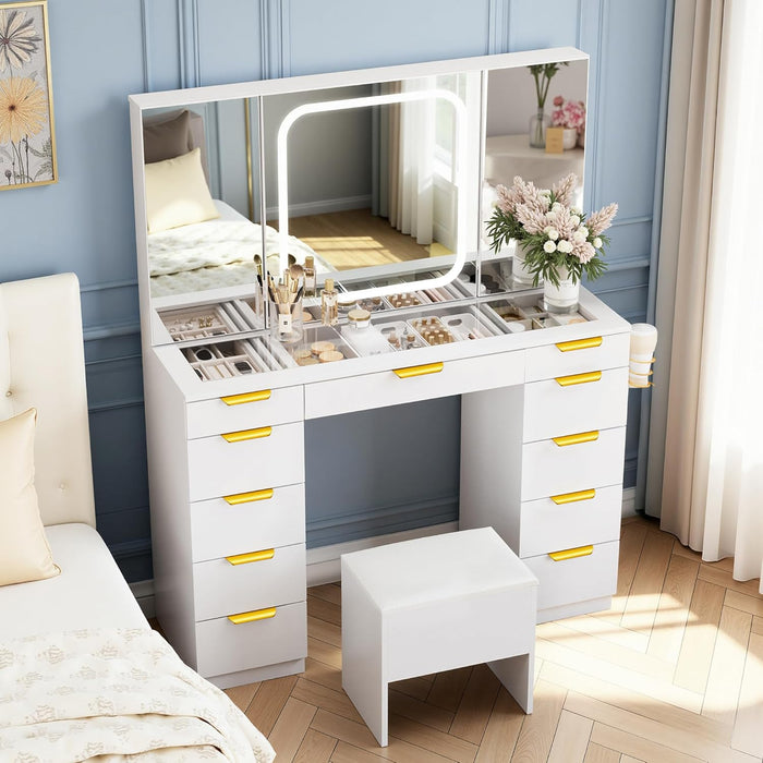 Glass Top Vanity Desk with Foldable Mirror and Lights, 11 Drawers Makeup Vanity with Charging Station, 3 Lighting Modes Dressing Table with Chair, White